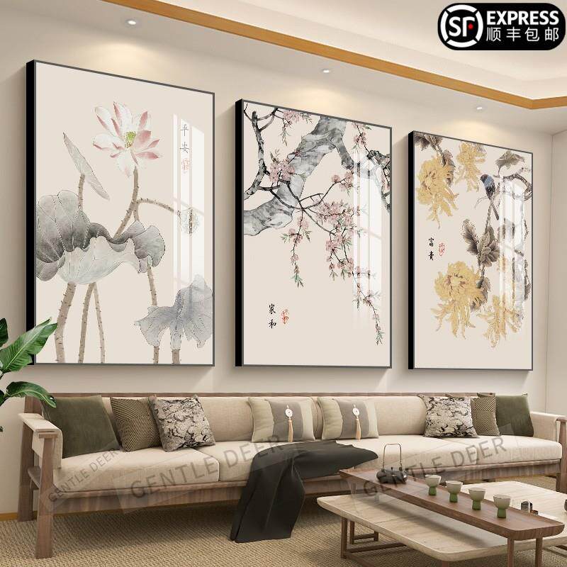 客厅装饰画沙发背景墙挂画新中式壁画中式山水画三联竖版墙画覆古