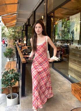 Hhyii 日暮蔷薇 法式格纹吊带茶歇裙女夏季蕾丝V领网纱洋装长裙