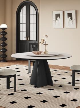 法式实简木家用黑餐色圆形小户型饭桌桌意式现代约復古岩REQ板圆