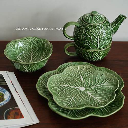 少量现货 出口欧式青叶蔬菜造型陶瓷浮雕高温餐具 西餐盘字母壶碗