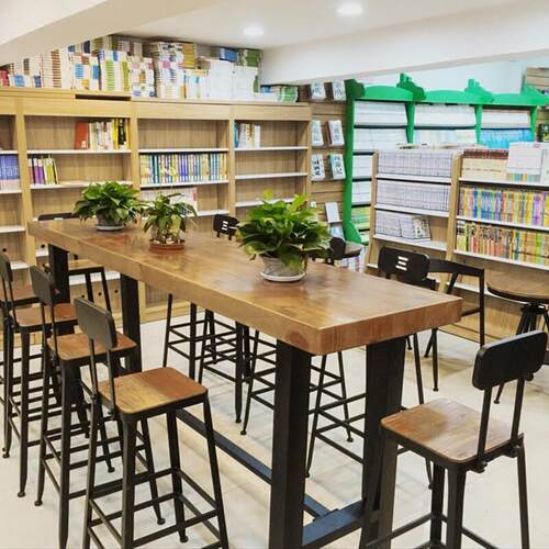 实木吧台桌奶茶店家用定制带靠背长条桌铁艺高脚凳商用一体靠墙桌