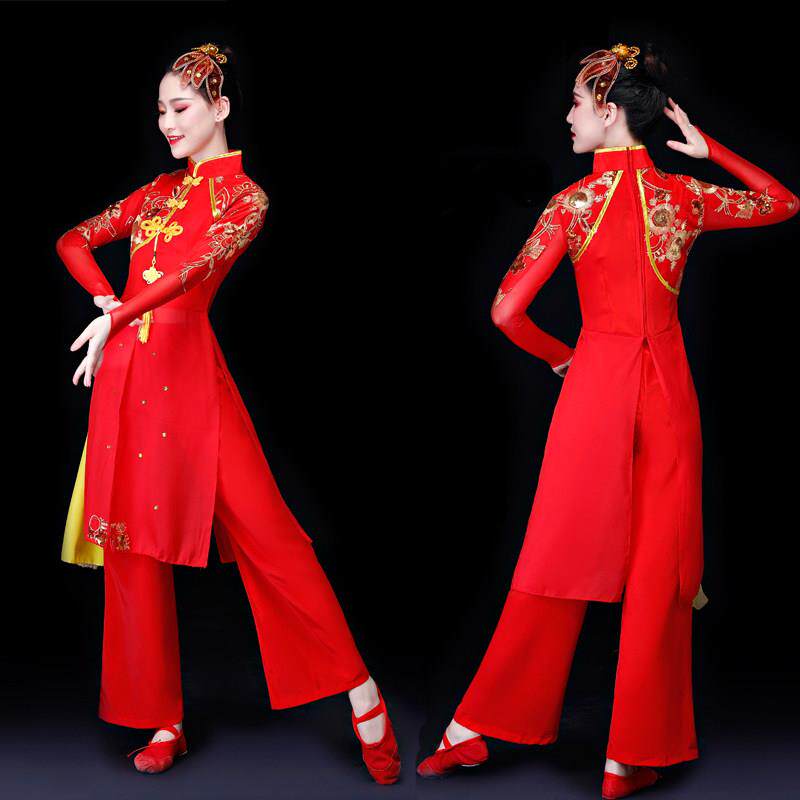 高档打鼓演出男女成服中国风腰人鼓队服装广场舞红色庆民族舞蹈喜