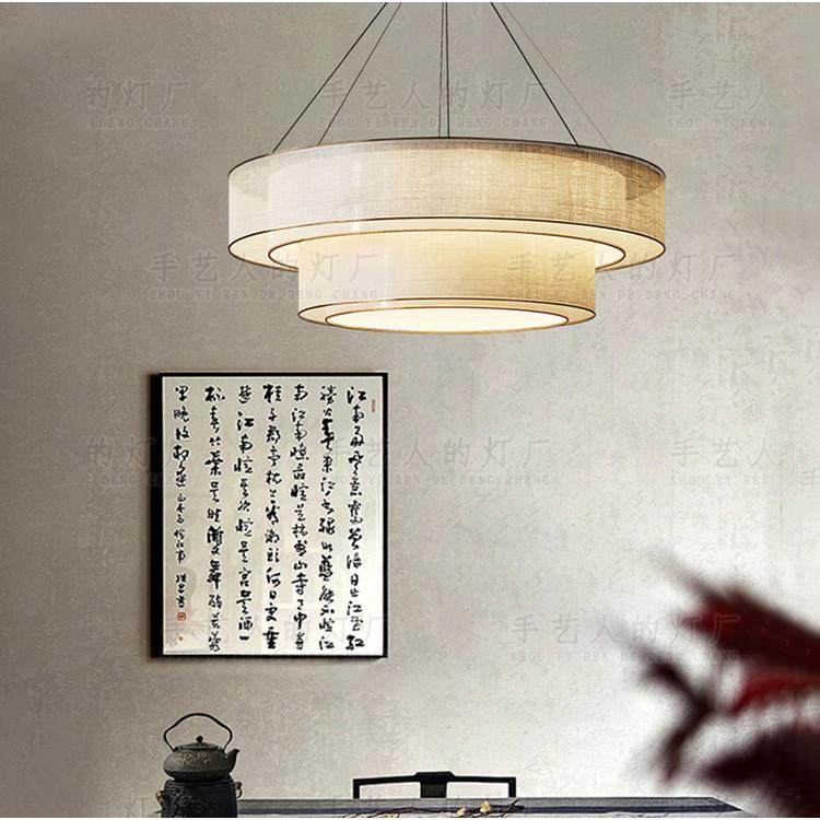 新中式中国风新款餐厅客厅卧室圆形布艺吊灯餐饮茶室禅意吧台灯具