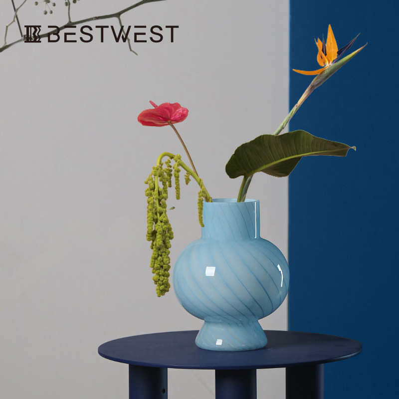 Best west 蓝色条纹葫芦水培玻璃花瓶摆件家居软装样板间装饰花器