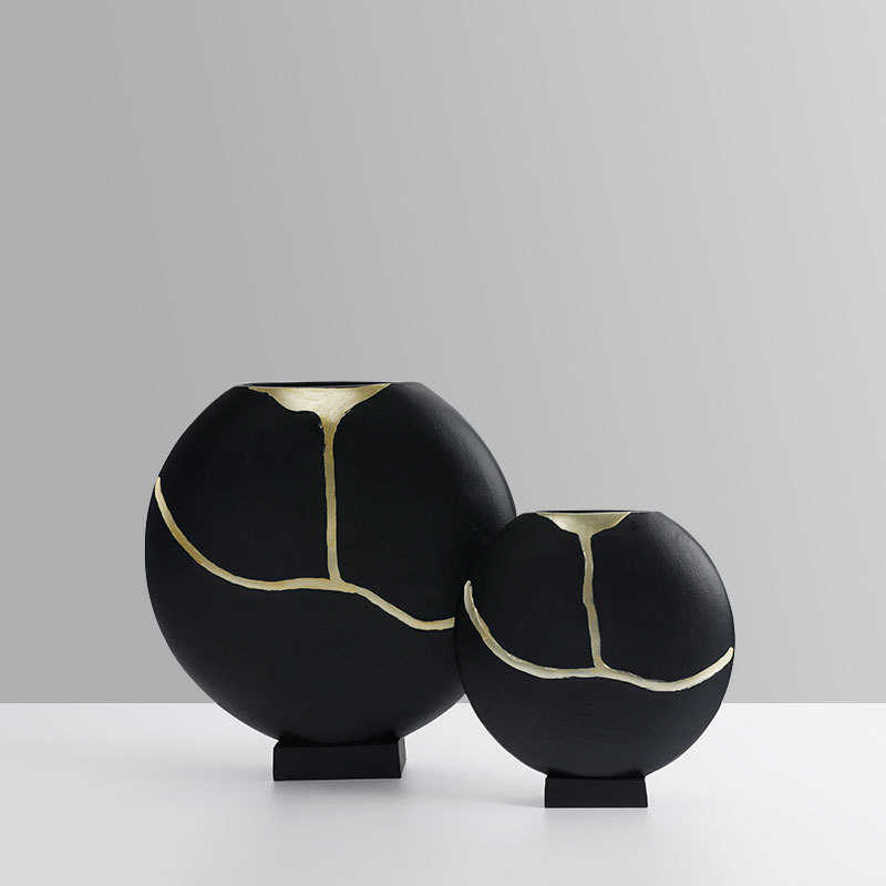 黑金金色条纹树脂花器瓶摆件现代北欧轻奢侘寂家居样板房软装饰品