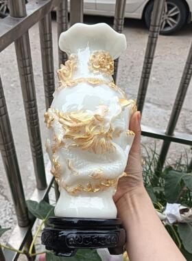 仿古鎏金龙花瓶家居客厅摆件树脂仿白玉龙瓶摆设工艺品