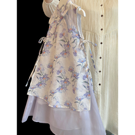 中国风童装女童汉元素连衣裙2024夏装儿童紫色碎花新中式旗袍裙子