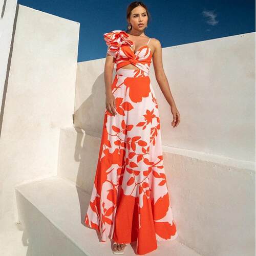 Swimsuit ruffle print one-piece swimsuit set, women's
