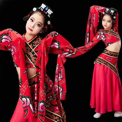 高档儿童古典舞服装、典童雅汉唐、游女艺水试袖、儿童楚鼓声乐楚