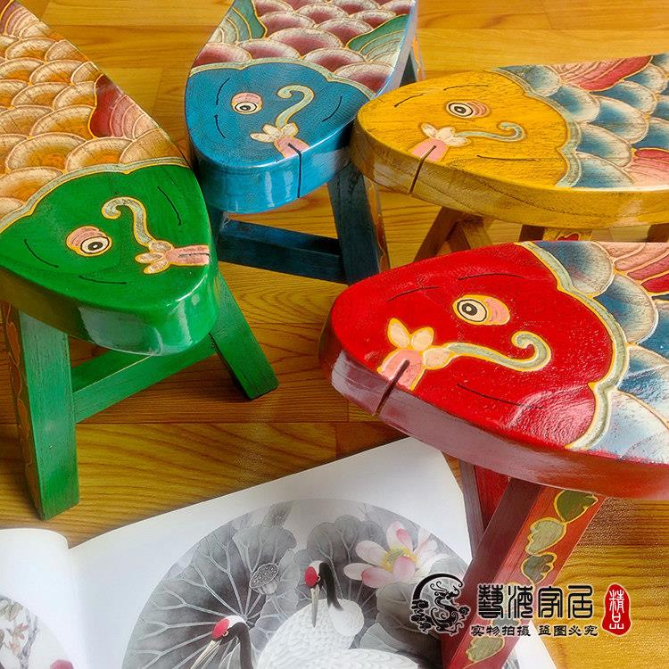 老榆木彩绘小轮板凳儿童鱼凳子手绘覆YHJJ古矮小凳家用意时尚创滑