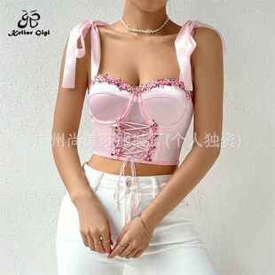 embroidery short camisole style backless top Floral