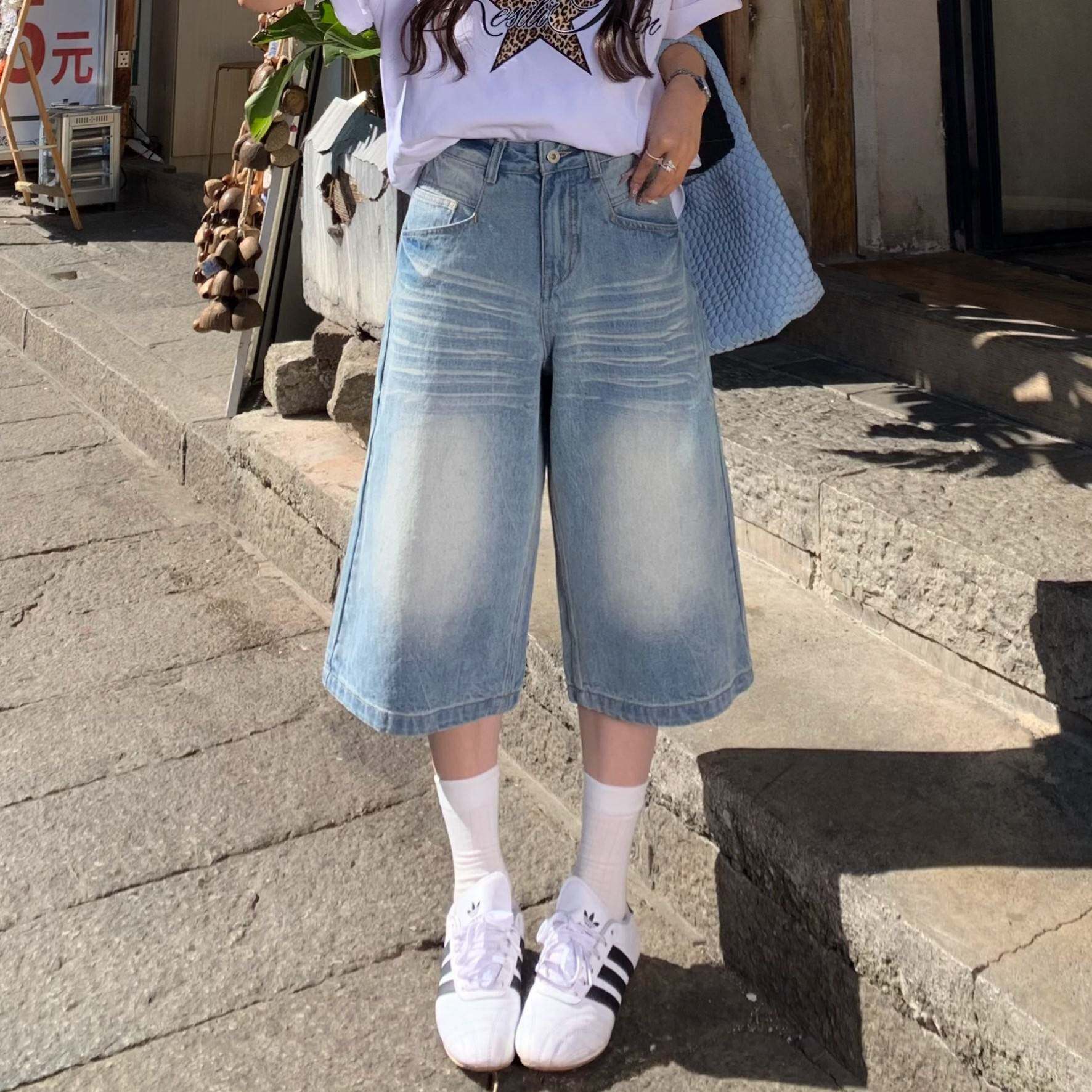 3MER哦哦三妹美式阔腿浅蓝色七分牛仔裤女春夏宽松显瘦直筒短裤子