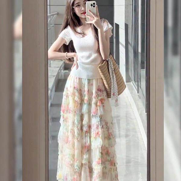 ROUJE ESVIP法式温柔风碎花半身裙两件套女春季显瘦绝美穿搭套装