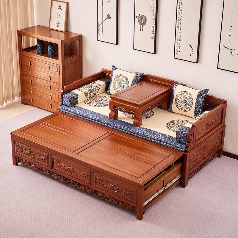新中式推拉罗汉床实木榆木多功能伸缩两用沙发床小户型抽拉罗汉榻