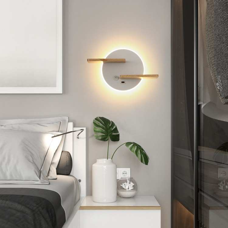 置物架实木床头壁灯带开关北欧客厅过道墙壁装饰简约现代卧室灯具