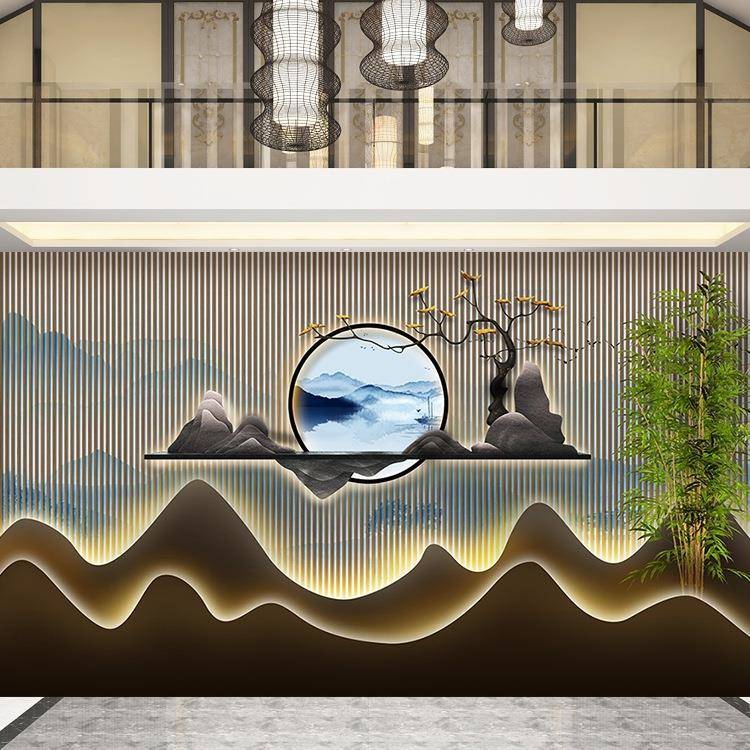 新中式山水装修墙纸美容采耳养生馆背景墙装饰壁画茶叶店茶室壁纸