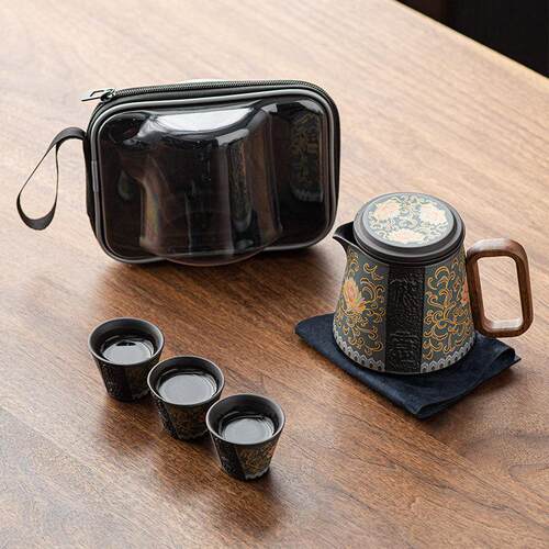 紫砂旅行茶具套组手绘陶瓷快客杯一壶三杯可携式户外露营喝茶装备