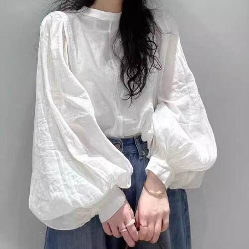 棉麻长袖衬衫女春秋新款圆领泡泡袖上衣高端亚麻灯笼袖设计感小衫