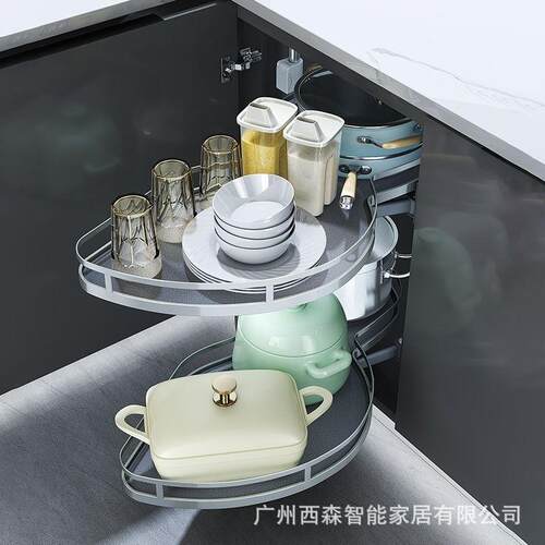 转角拉篮厨房橱柜拐角内置调味料双层收纳旋转置物架怪物飞碟碗篮