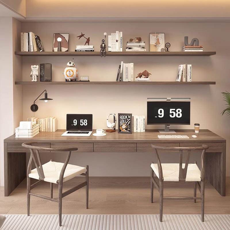 简约全实木书桌工作台家用带抽屉双人加长电脑桌墙上置物架办公桌