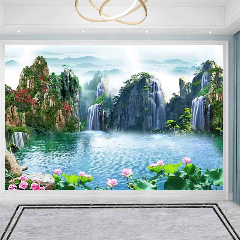 风水画山水画装饰画高山流水挂画图客厅庭院装饰自粘贴画壁画海报