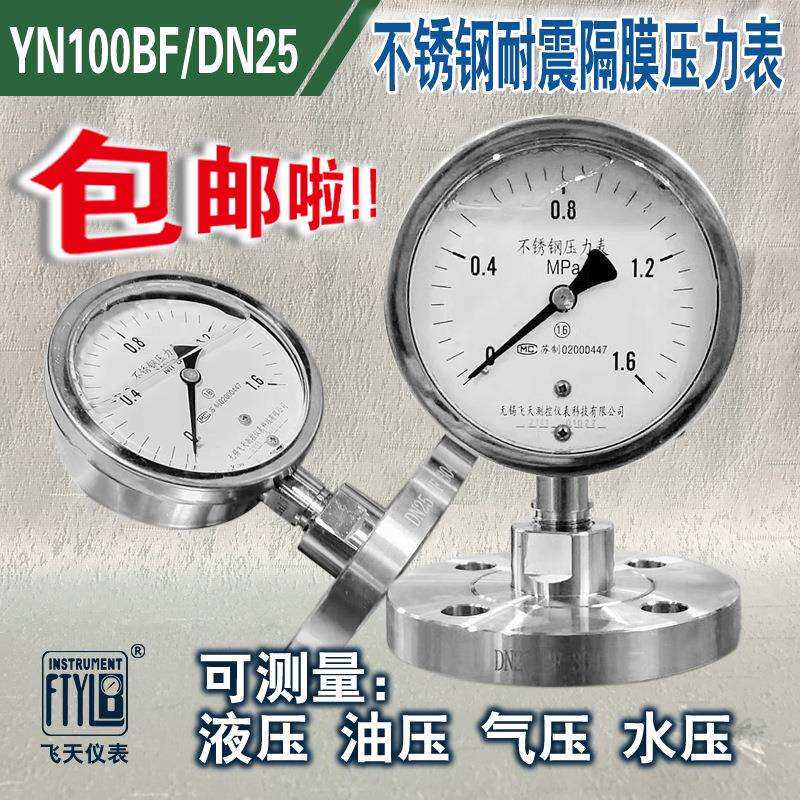 厂家直销YN100BF/MF/DN25耐震不锈钢法兰式隔膜压力表