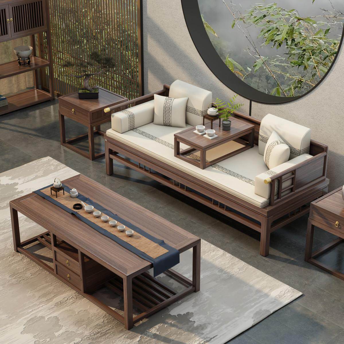 新中式禅意实木罗汉床客厅茶室现代简约黑胡桃木罗汉床小户型沙发