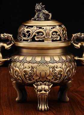 仿古狮子二龙戏珠熏香炉兽耳青香炉办公室地摊文玩摆件纯铜香薰炉