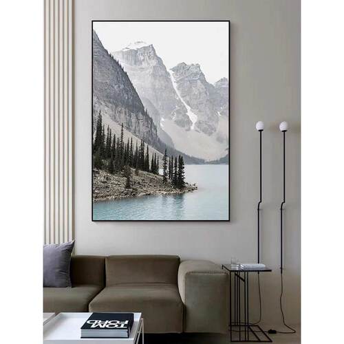 新中式山水湖泊装饰画现代客厅风景山脉大幅壁画入户玄关竖版挂画