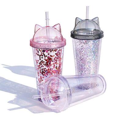 Insulated Double Wall Tumbler Cup with Lid and Straw Glitter