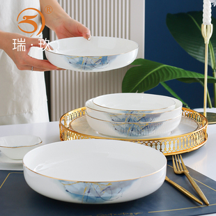 10英寸窝盘骨瓷窝盘菜盘轻奢风餐具圆形炒菜盘汤盘 家用金边骨瓷7