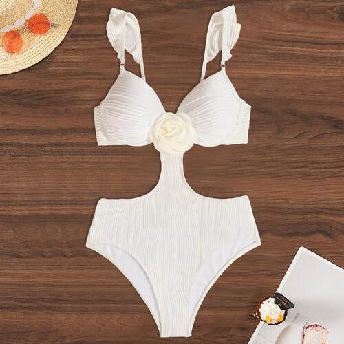 Three dimensional floral hollow one-piece swimsuit women's