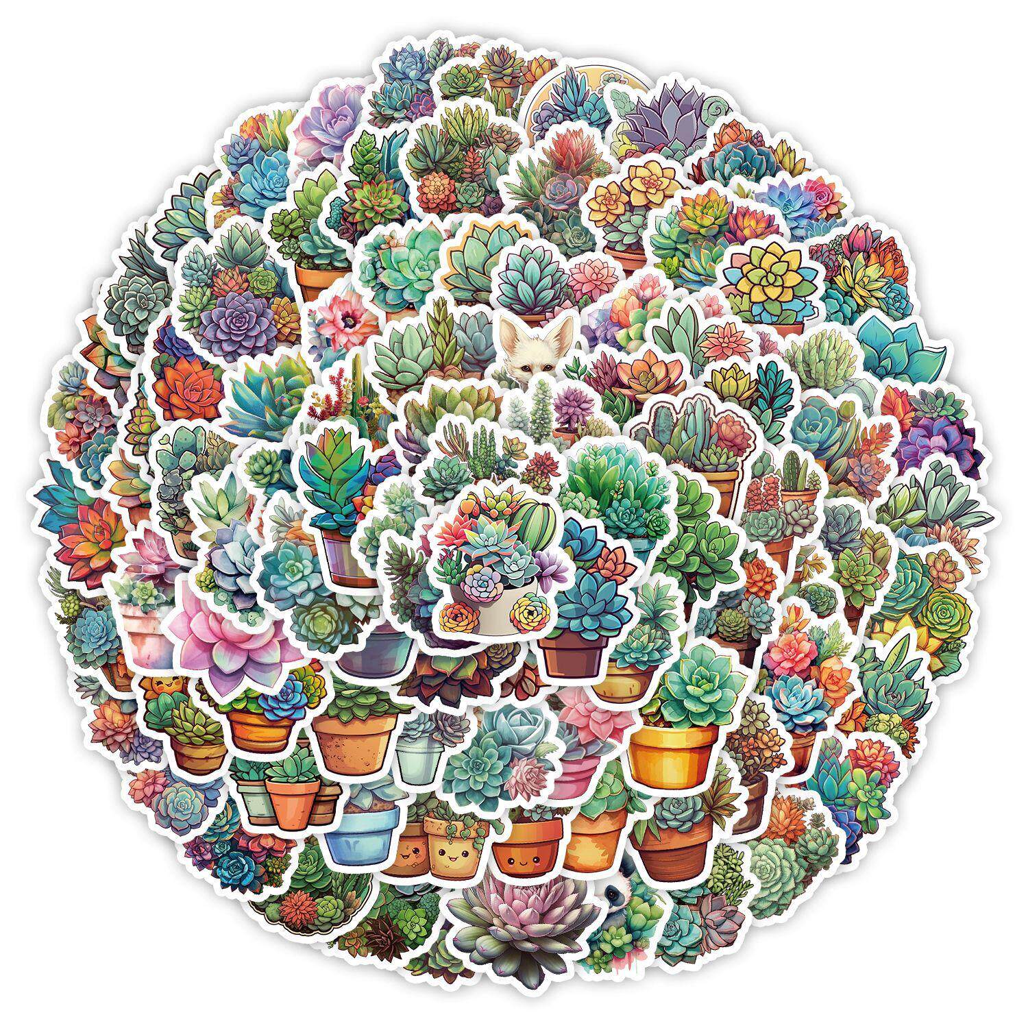 100张植物多肉涂鸦贴纸行李箱吉它手机装饰贴画防水教学文具贴纸