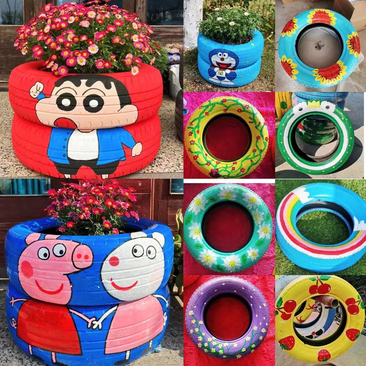 幼儿园轮胎装饰创意纯色彩绘工艺品 轮胎花盆 家庭摆件彩绘轮胎