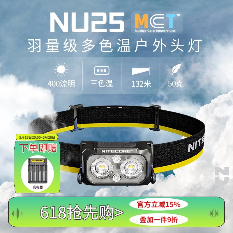 奈特科尔NU25 MCT轻量头灯多色温户外登山可携式头灯头戴式可充电