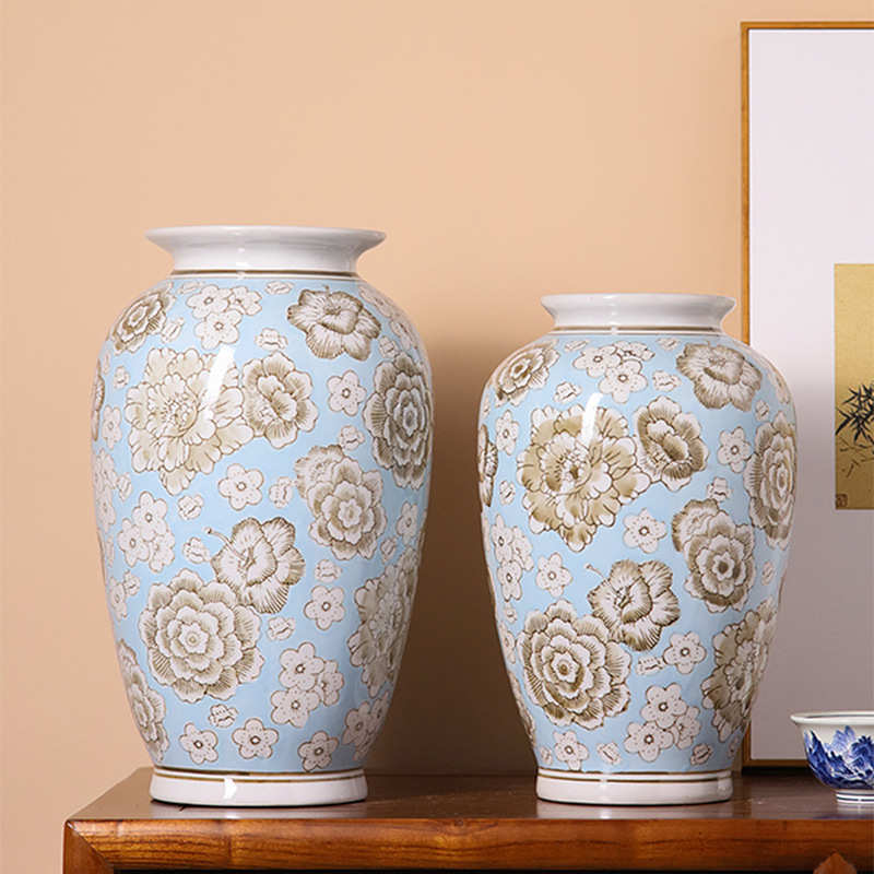 新中式景德镇陶瓷蓝色花瓶手绘复古青花瓷花瓶高级感客厅书房摆件
