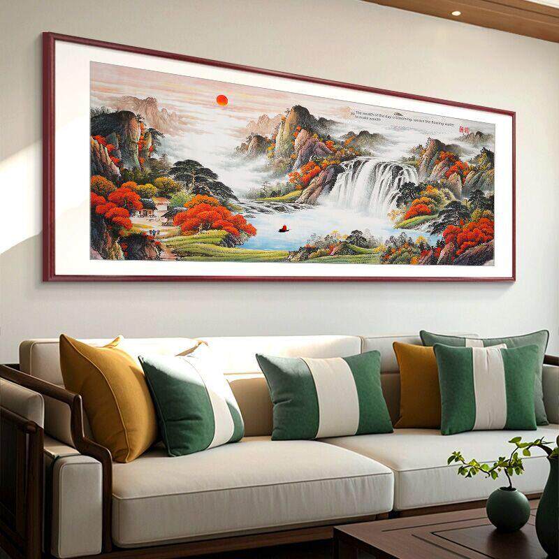 流水、财富、山水字画、办公室挂画、客厅装饰、茶室沙发背景墙画