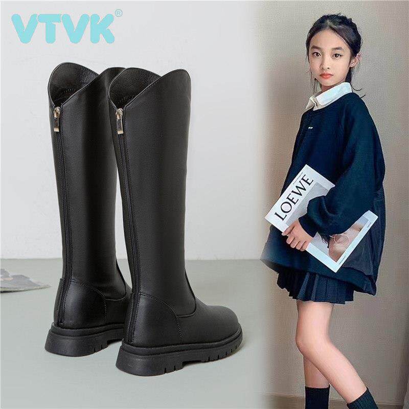 VTVK女童鞋子2025新款秋冬加绒长靴公主女孩长筒靴子儿童高筒皮靴