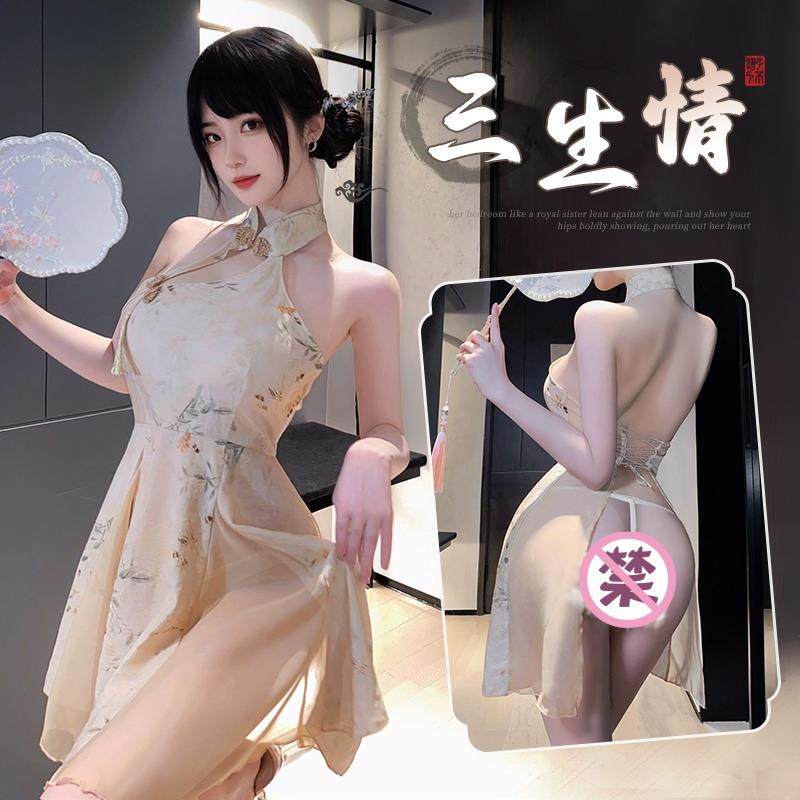 新中式国风印花旗袍挂脖连衣裙女夏季高级感气质短裙收腰A字裙子