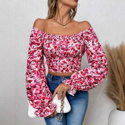 Elegant Floral One - Shoulder Top , Sexy Lace - Up Waist