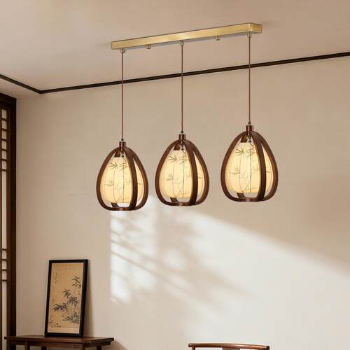宋代美学卧室床头三头吊灯复古茶室中古风禅意小吊灯竹子布艺吊灯