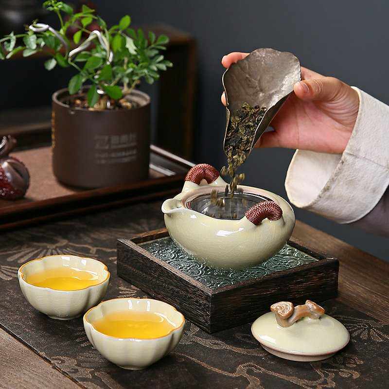 汝窑旅行茶具便携式高端简易快客杯户外随身泡茶一壶两杯四杯套装