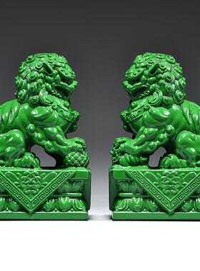 绿色木雕居刻狮子一对北京宫公狮摆XCYZ0139件家办室装饰门工艺品