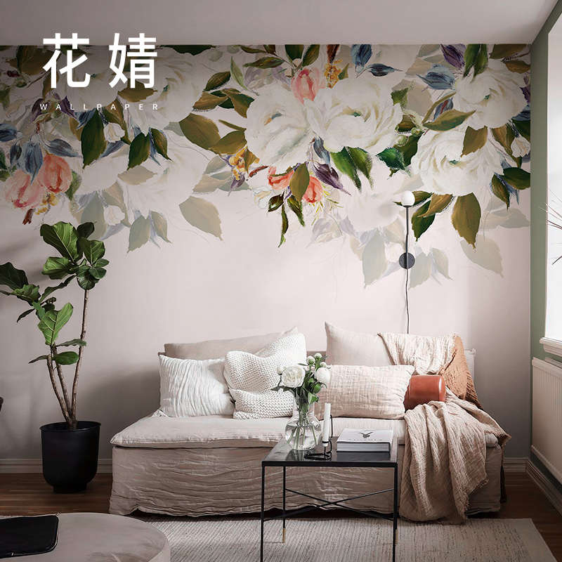 北欧玫瑰花墙纸轻奢客厅电视背景墙壁纸无缝卧室婚房墙布定制壁画