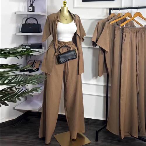 Women's collar short sleeved shirt wide leg long pants set
