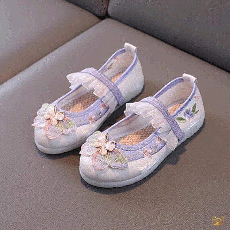 紫色旗袍搭配鞋子女童汉服鞋子2026新款古风儿童绣花鞋透气防滑手图片