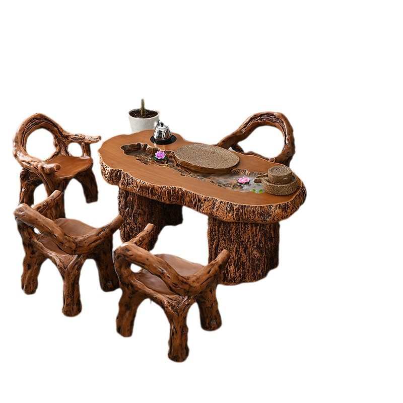 中式石磨流水茶桌椅家用办公室一体养鱼仿木根雕室内室外功夫茶台