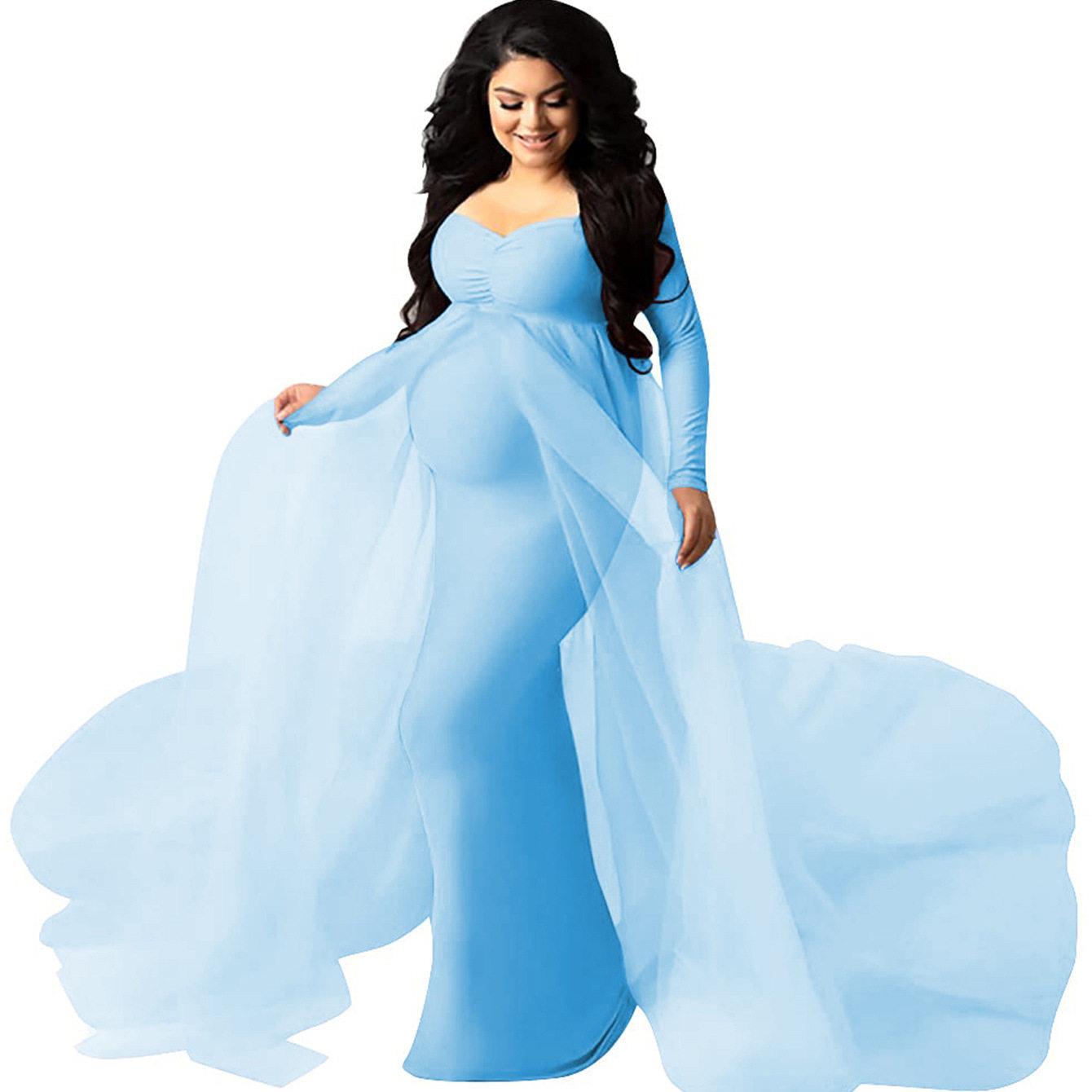 Women Off Shoulder Long Sleeve Maternity Dress Tulle Elegant图片