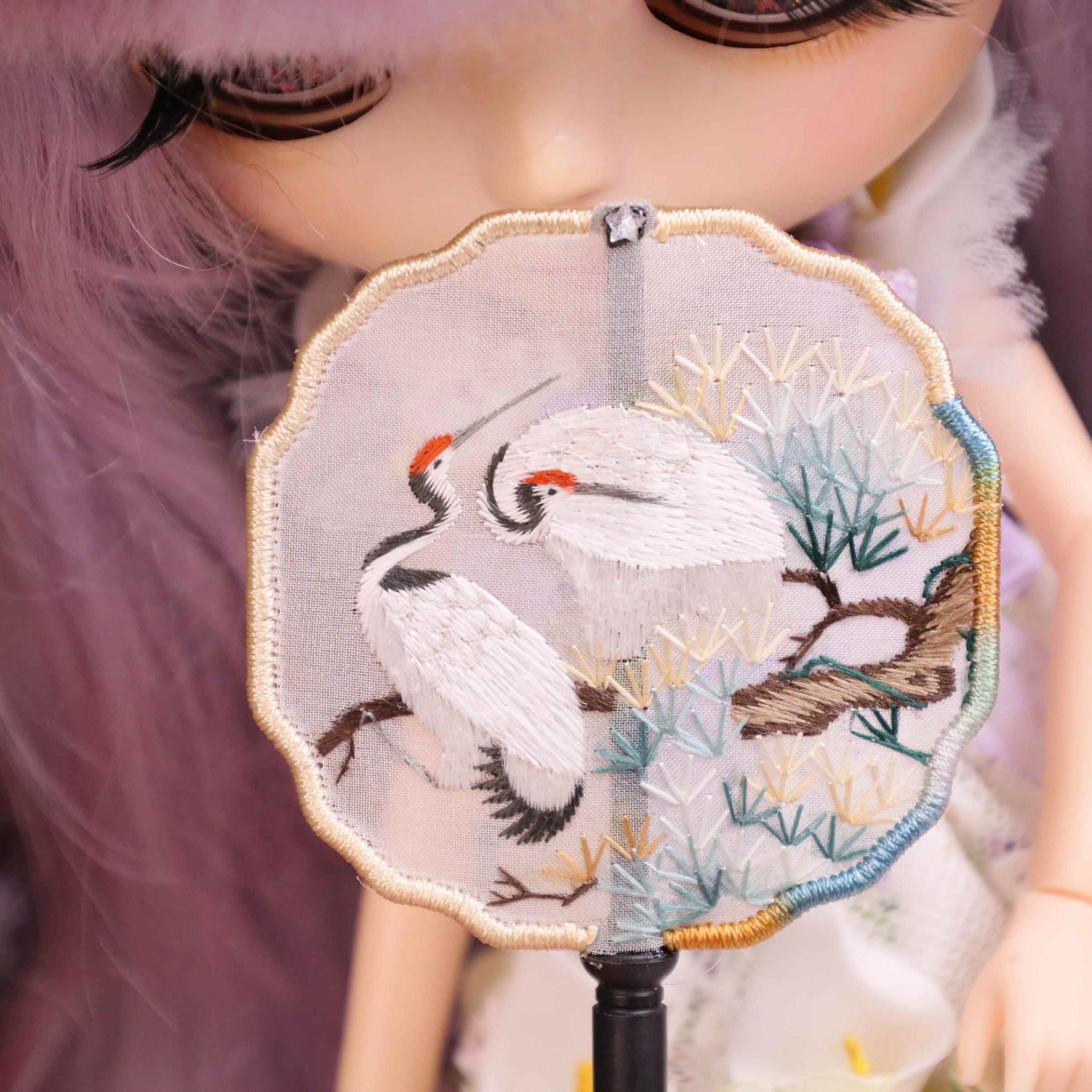 6-3分迷你迷你食品玩具饰品手工苏绣扇直径4.5- 5.8厘米Bjd娃娃扇