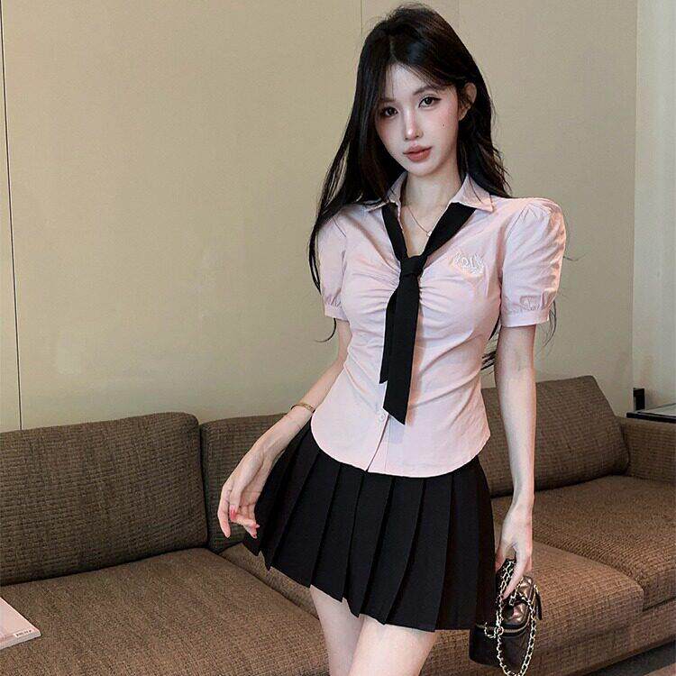 夏季制服减龄职业套装女修身泡泡袖领带衬衫+高腰百褶裙两件套